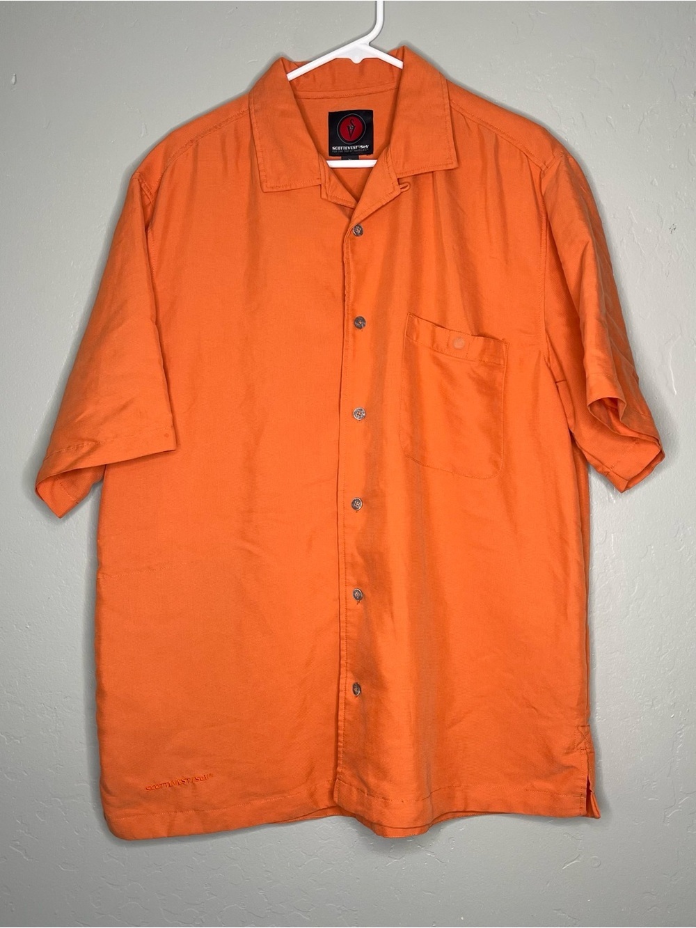 Scottevest Mens Orange Short Sleeve Shirt Button Front Travel Sz XL